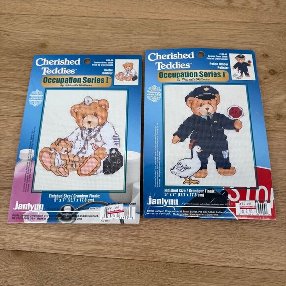 JanLynn Cherished Teddies Cross Stitch Kit LOT of 2 Occupation Doctor Police NEW - Picture 1 of 6